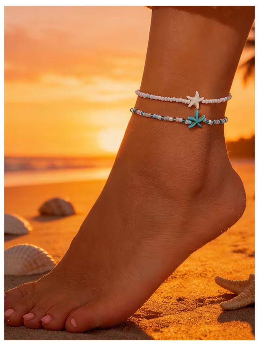 Bohemian Beach Vibe 2pc Anklets Glass Beads & Artificial Starfish Pendants Boho